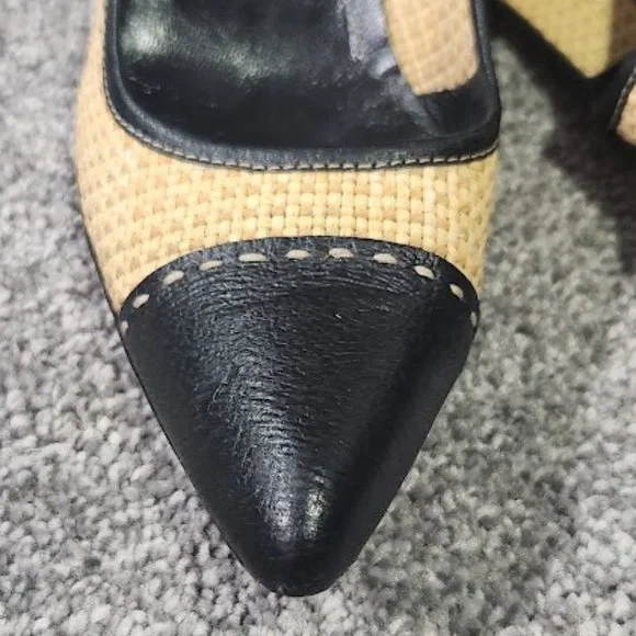 SOLD Prada Black Leather Raffia Cap Toe Pump Heels Sz 39 - Picture 9 of 15